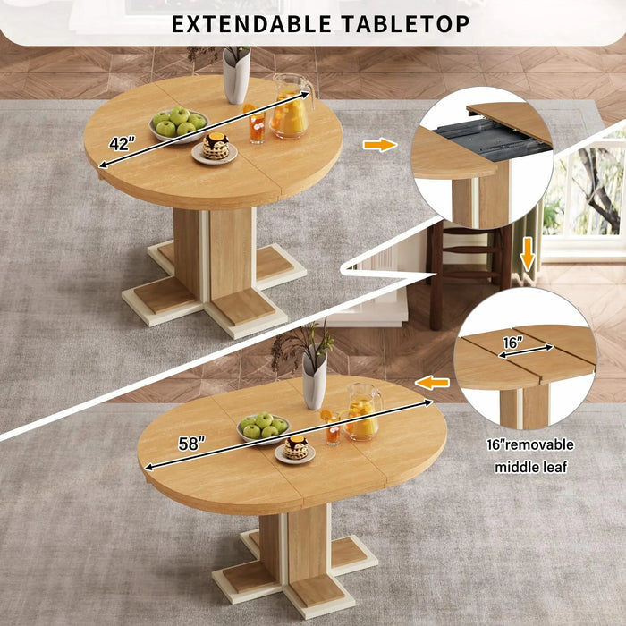 TREXM Extendable Dining Table with a 16-inch Middle Leaf, 42''-58'' Oval Dining Table for 6, Retro Solid Wood Round Dining Table with Double Layer Design for Kitchen, Dining Room (Natural Wood Wash) Default -DTYStore