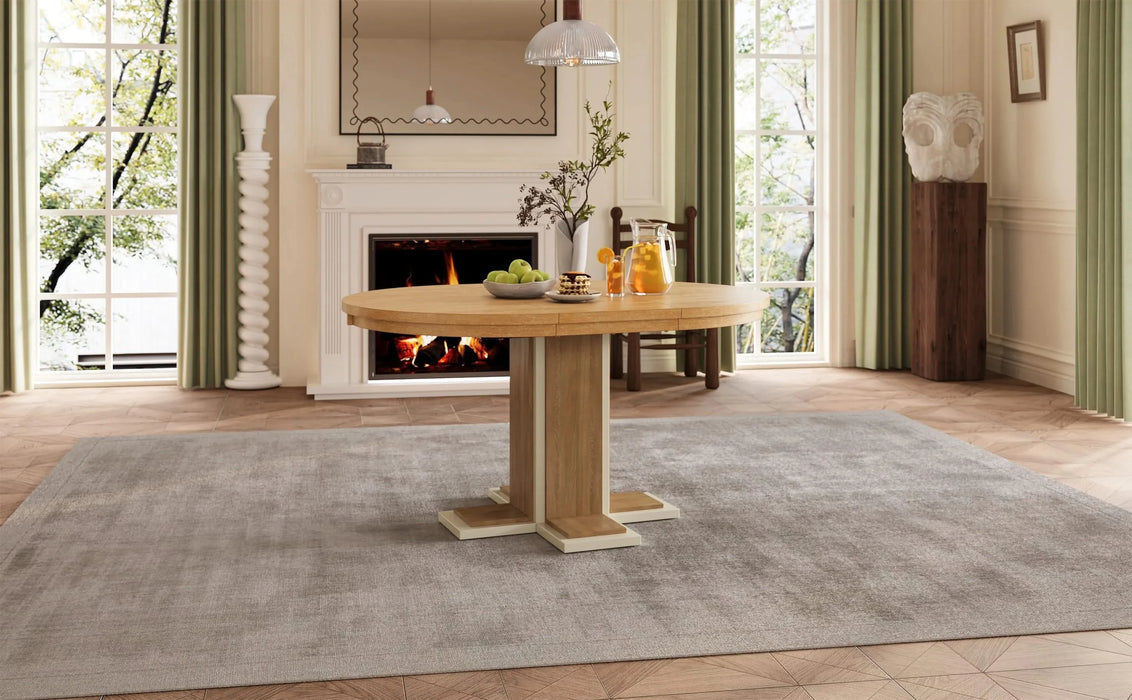 TREXM Extendable Dining Table with a 16-inch Middle Leaf, 42''-58'' Oval Dining Table for 6, Retro Solid Wood Round Dining Table with Double Layer Design for Kitchen, Dining Room (Natural Wood Wash) Default -DTYStore