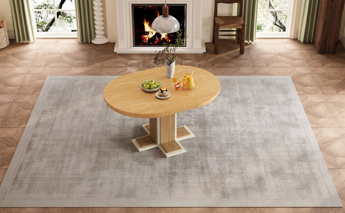 TREXM Extendable Dining Table with a 16-inch Middle Leaf, 42''-58'' Oval Dining Table for 6, Retro Solid Wood Round Dining Table with Double Layer Design for Kitchen, Dining Room (Natural Wood Wash) Default -DTYStore