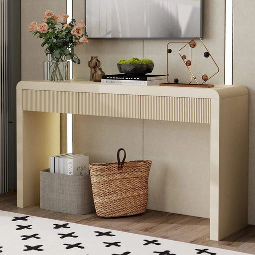 TREXM Rustic Console Table with 3 Fluted Drawers - Solid Wood Veneer Entryway Table Featuring Natural Wood Grain for Living Room, Hallway (Apricot) Default -DTYStore