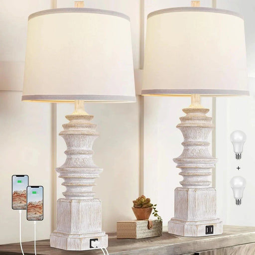 Table Lamps for Nightstand Set of 2, Bedside Lamp with Dual USB Charging Ports, Farmhouse Decor Table Lamps with White Fabric Lampshade for Living Room, Bedroom Lamps with 3 Color Modes Bulbs Default -DTYStore