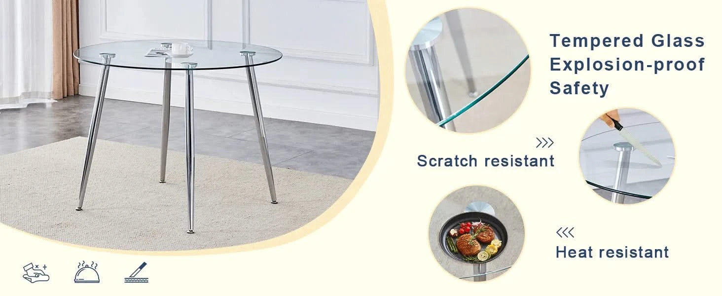 Table and chair set.A 38.6' Transparent Tempered Glass Round Dining Table-Silver Metal Legs.Paired with 6 BLACK PU Material High Resilience Dining Chair with Metal Silver Leg. Default -DTYStore