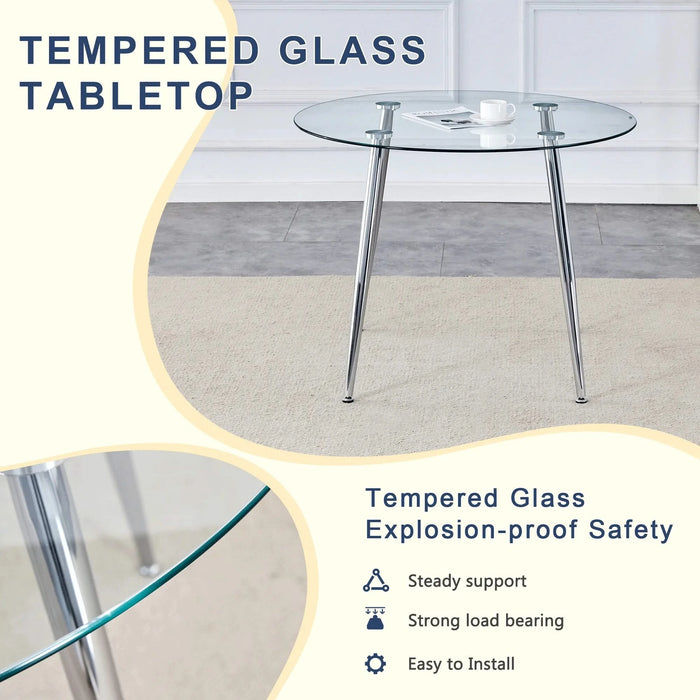 Table and chair set.A 38.6' Transparent Tempered Glass Round Dining Table-Silver Metal Legs.Paired with 6 BLACK PU Material High Resilience Dining Chair with Metal Silver Leg. Default -DTYStore