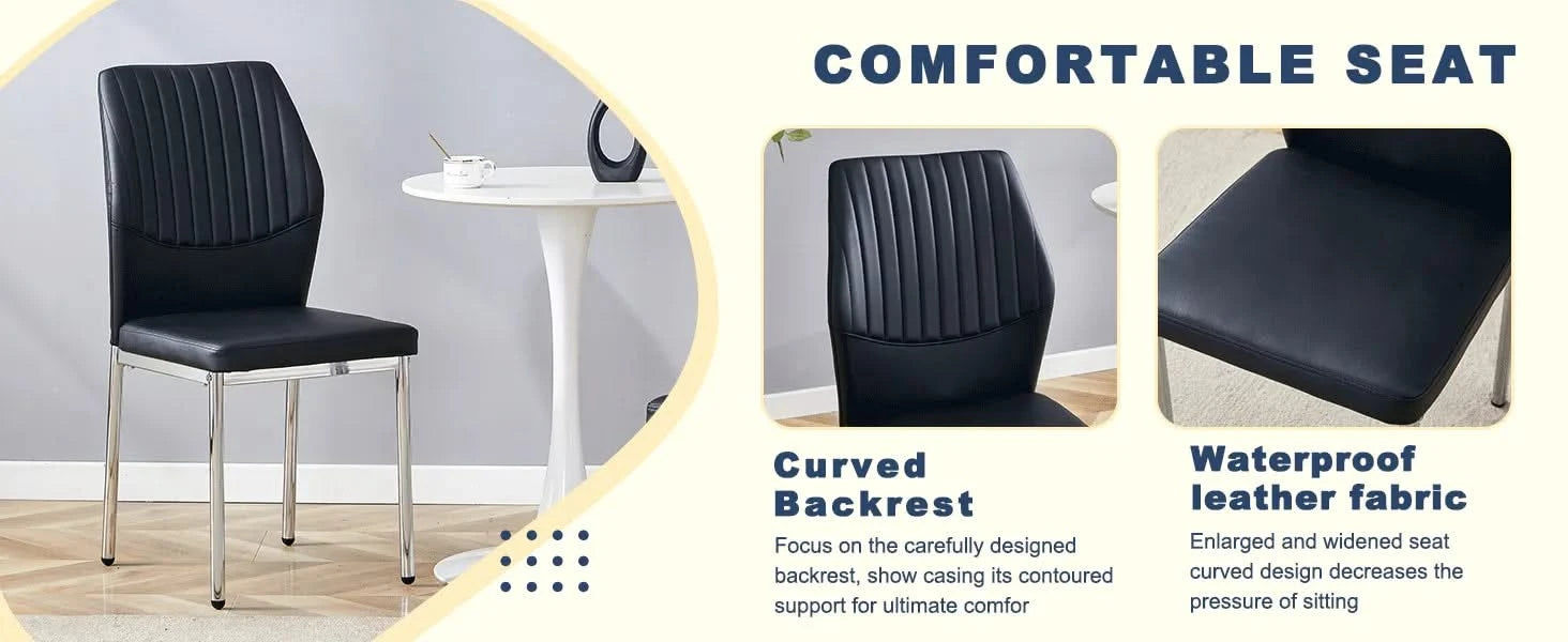 Table and chair set.A 38.6' Transparent Tempered Glass Round Dining Table-Silver Metal Legs.Paired with 6 BLACK PU Material High Resilience Dining Chair with Metal Silver Leg. Default -DTYStore