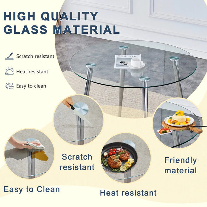Table and chair set.A 38.6' Transparent Tempered Glass Round Dining Table-Silver Metal Legs.Paired with 6 BLACK PU Material High Resilience Dining Chair with Metal Silver Leg. Default -DTYStore