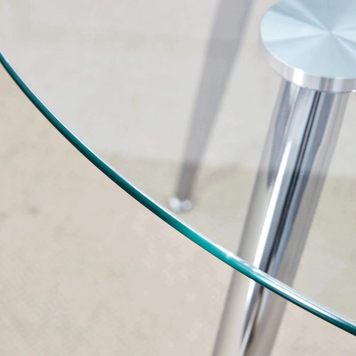 Table and chair set.A 38.6' Transparent Tempered Glass Round Dining Table-Silver Metal Legs.Paired with 6 BLACK PU Material High Resilience Dining Chair with Metal Silver Leg. Default -DTYStore