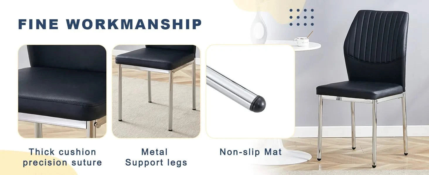 Table and chair set.A 38.6' Transparent Tempered Glass Round Dining Table-Silver Metal Legs.Paired with 6 BLACK PU Material High Resilience Dining Chair with Metal Silver Leg. Default -DTYStore