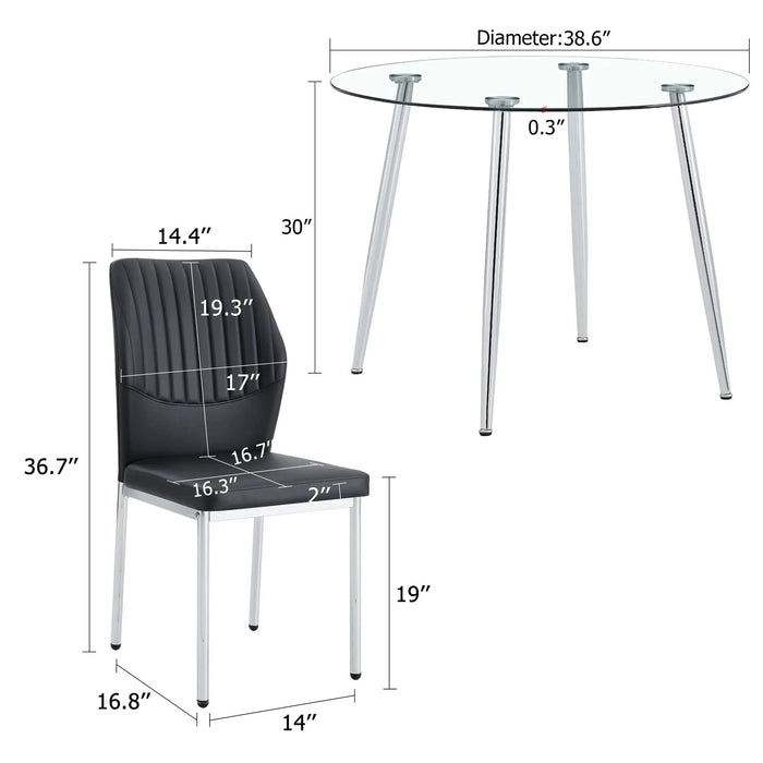 Table and chair set.A 38.6' Transparent Tempered Glass Round Dining Table-Silver Metal Legs.Paired with 6 BLACK PU Material High Resilience Dining Chair with Metal Silver Leg. Default -DTYStore