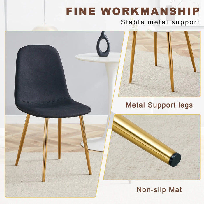 Table and chair set. Modern multifunctional lifting platform, white textured sticker MDF desktop, gold metal legs. Paired with four black dining chairs made of linen fabric. Default -DTYStore