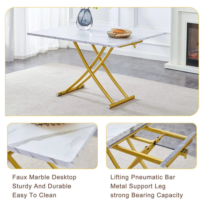 Table and chair set. Modern multifunctional lifting platform, white textured sticker MDF desktop, gold metal legs. Paired with four black dining chairs made of linen fabric. Default -DTYStore