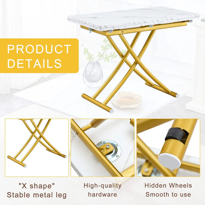 Table and chair set. Modern multifunctional lifting platform, white textured sticker MDF desktop, gold metal legs. Paired with four black dining chairs made of linen fabric. Default -DTYStore