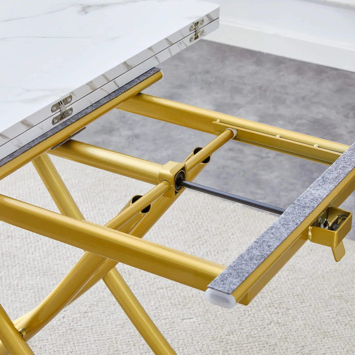 Table and chair set. Modern multifunctional lifting platform, white textured sticker MDF desktop, gold metal legs. Paired with four black dining chairs made of linen fabric. Default -DTYStore