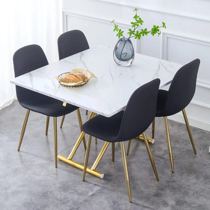 Table and chair set. Modern multifunctional lifting platform, white textured sticker MDF desktop, gold metal legs. Paired with four black dining chairs made of linen fabric. Default -DTYStore