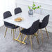 Table and chair set. Modern multifunctional lifting platform, white textured sticker MDF desktop, gold metal legs. Paired with four black dining chairs made of linen fabric. Default -DTYStore
