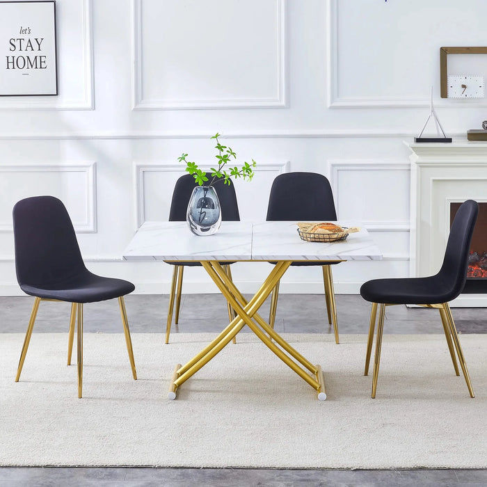 Table and chair set. Modern multifunctional lifting platform, white textured sticker MDF desktop, gold metal legs. Paired with four black dining chairs made of linen fabric. Default -DTYStore