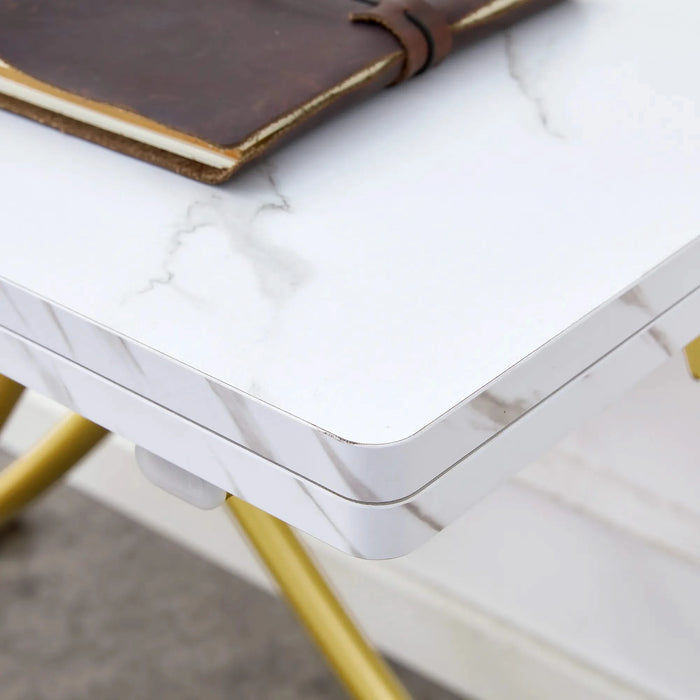 Table and chair set. Modern multifunctional lifting platform, white textured sticker MDF desktop, gold metal legs. Paired with four black dining chairs made of linen fabric. Default -DTYStore