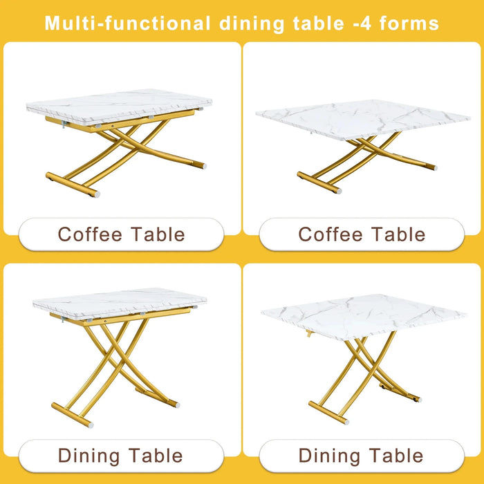 Table and chair set. Modern multifunctional lifting platform, white textured sticker MDF desktop, gold metal legs. Paired with four black dining chairs made of linen fabric. Default -DTYStore