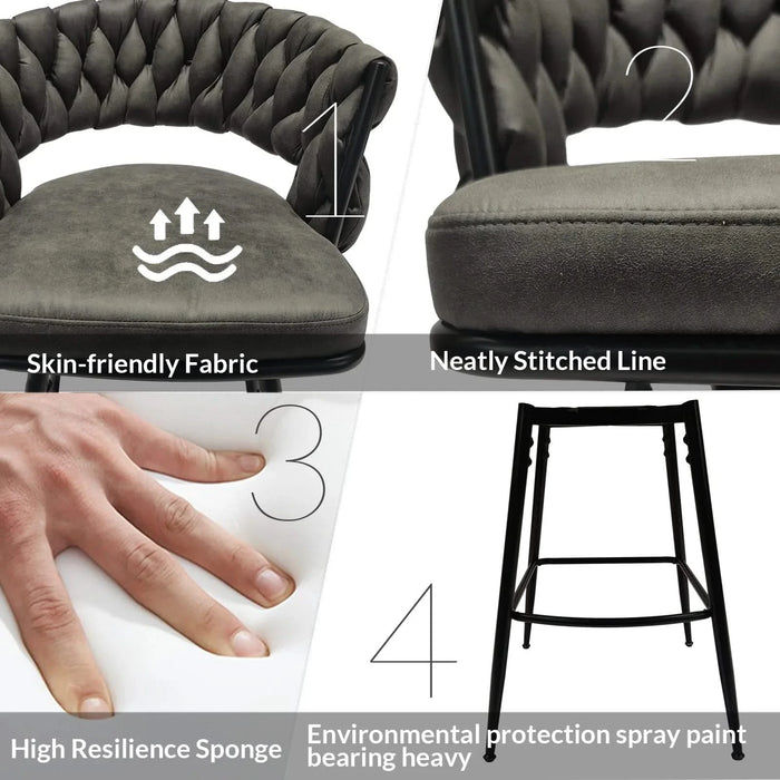 Technical Leather Woven Bar Stool Set of 2, 360 Swivel Upholstered Chairs with Back Footrest, Tan Default -DTYStore