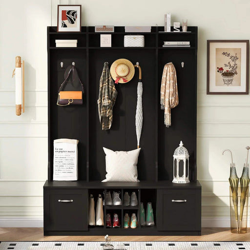 U-Can 5-in-1 Entryway Bench with Coat Rack, 7 Sturdy Hooks, 2 Spacious Drawers and Adjustable Shelves, 58.8'' Wide Hall Tree with Metal Handles for Hallway, Entryway, Living Room Default -DTYStore