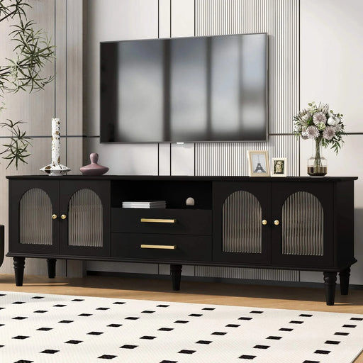U-Can 68.9'' Retro TV Stand for TVs up to 75 Inches, Entertainment Center Media Console with Fluted Glass Doors and Five Solid Wood Legs for Living room(OLD SKU:N724P198468B) Default -DTYStore