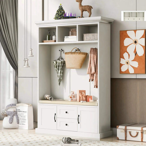 U-Can Hall Tree with 3 Hooks , Coat Hanger, Entryway Bench, Storage Bench, 3-in-1 Design, 47.2INCH, for Entrance, Hallway (White) Default -DTYStore