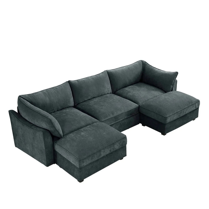 U Shape 3 Seater Deep Seat Sofa Couch with Ottomans,3-Seat Sofa with with 2 Movable Ottomans, Oversized Modular Sectional Sofa with Storage Pull out Drawer Under Each Seat,Chenille Gray -DTYStore