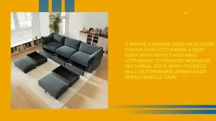 U Shape 3 Seater Deep Seat Sofa Couch with Ottomans,3-Seat Sofa with with 2 Movable Ottomans, Oversized Modular Sectional Sofa with Storage Pull out Drawer Under Each Seat,Chenille -DTYStore