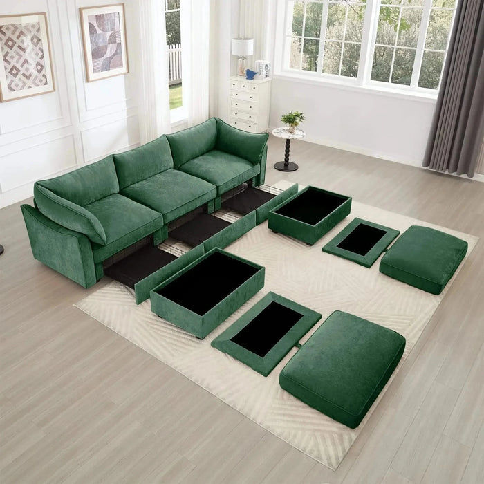 U Shape 3 Seater Deep Seat Sofa Couch with Ottomans,3-Seat Sofa with with 2 Movable Ottomans, Oversized Modular Sectional Sofa with Storage Pull out Drawer Under Each Seat,Chenille Green -DTYStore