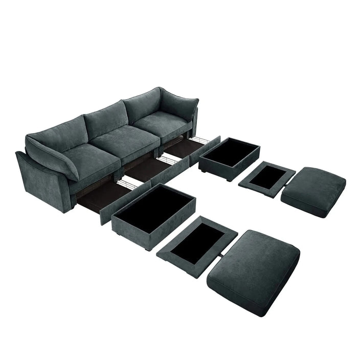 U Shape 3 Seater Deep Seat Sofa Couch with Ottomans,3-Seat Sofa with with 2 Movable Ottomans, Oversized Modular Sectional Sofa with Storage Pull out Drawer Under Each Seat,Chenille Gray -DTYStore