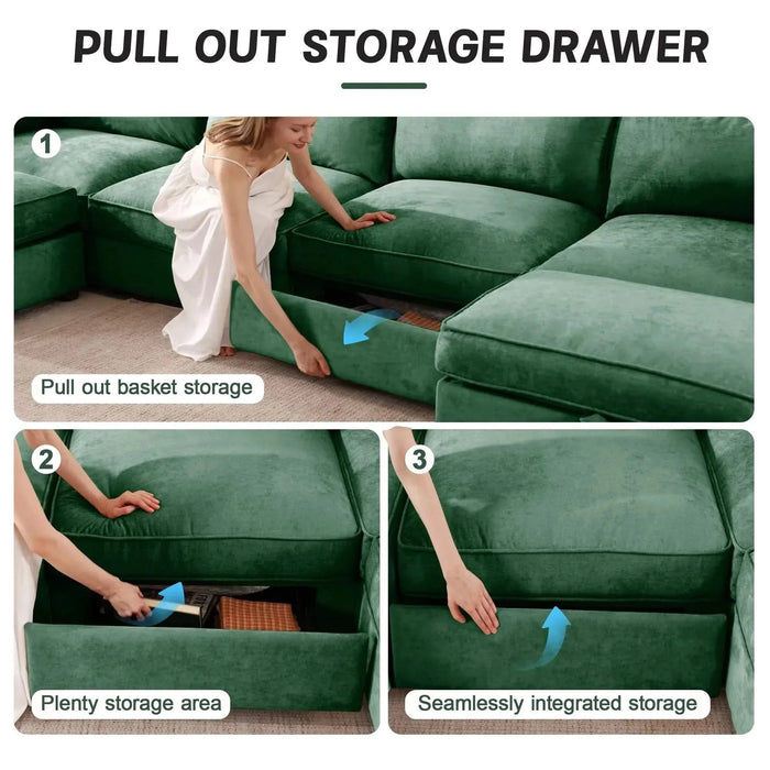 U Shape 3 Seater Deep Seat Sofa Couch with Ottomans,3-Seat Sofa with with 2 Movable Ottomans, Oversized Modular Sectional Sofa with Storage Pull out Drawer Under Each Seat,Chenille Green -DTYStore