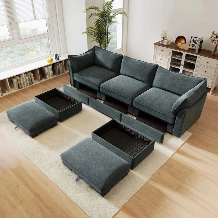 U Shape 3 Seater Deep Seat Sofa Couch with Ottomans,3-Seat Sofa with with 2 Movable Ottomans, Oversized Modular Sectional Sofa with Storage Pull out Drawer Under Each Seat,Chenille Gray -DTYStore