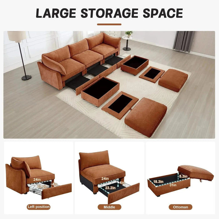 U Shape 3 Seater Deep Seat Sofa Couch with Ottomans,3-Seat Sofa with with 2 Movable Ottomans, Oversized Modular Sectional Sofa with Storage Pull out Drawer Under Each Seat,Chenille Orange -DTYStore