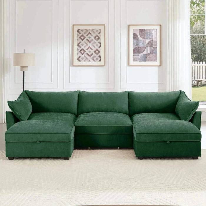 U Shape 3 Seater Deep Seat Sofa Couch with Ottomans,3-Seat Sofa with with 2 Movable Ottomans, Oversized Modular Sectional Sofa with Storage Pull out Drawer Under Each Seat,Chenille Green -DTYStore