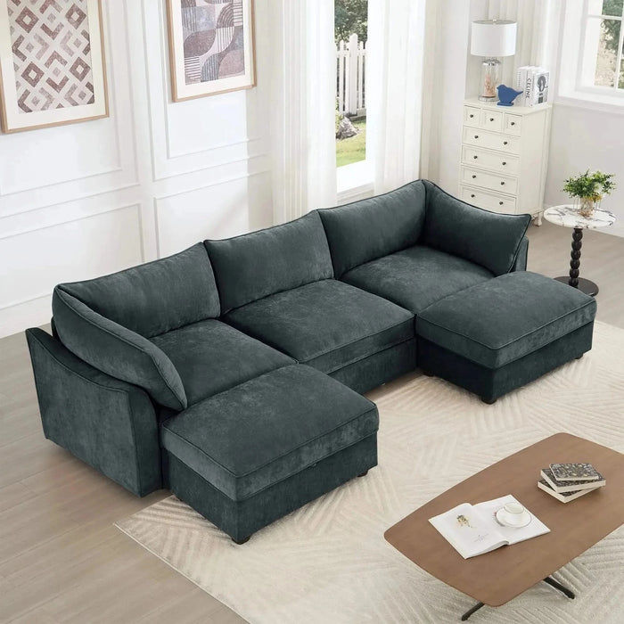 U Shape 3 Seater Deep Seat Sofa Couch with Ottomans,3-Seat Sofa with with 2 Movable Ottomans, Oversized Modular Sectional Sofa with Storage Pull out Drawer Under Each Seat,Chenille Gray -DTYStore