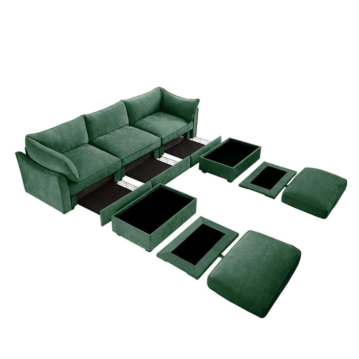 U Shape 3 Seater Deep Seat Sofa Couch with Ottomans,3-Seat Sofa with with 2 Movable Ottomans, Oversized Modular Sectional Sofa with Storage Pull out Drawer Under Each Seat,Chenille Green -DTYStore