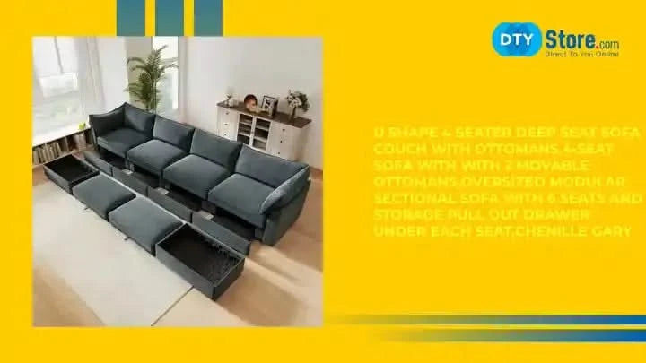 U Shape 4 Seater Deep Seat Sofa Couch with Ottomans,4-Seat Sofa with with 2 Movable Ottomans,, Oversized Modular Sectional Sofa with 6 Seats and Storage Pull out Drawer Under Each Seat,Chenille Gray -DTYStore