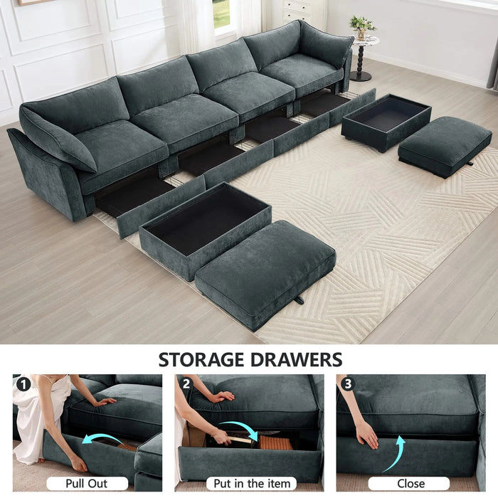 U Shape 4 Seater Deep Seat Sofa Couch with Ottomans,4-Seat Sofa with with 2 Movable Ottomans,, Oversized Modular Sectional Sofa with 6 Seats and Storage Pull out Drawer Under Each Seat,Chenille Gray -DTYStore