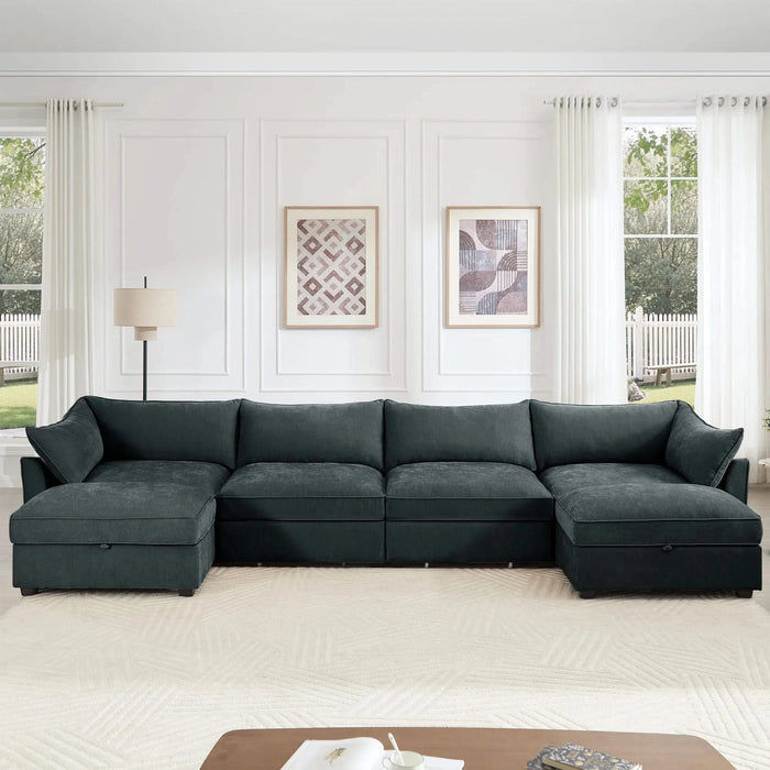 U Shape 4 Seater Deep Seat Sofa Couch with Ottomans,4-Seat Sofa with with 2 Movable Ottomans,, Oversized Modular Sectional Sofa with 6 Seats and Storage Pull out Drawer Under Each Seat,Chenille Gray -DTYStore