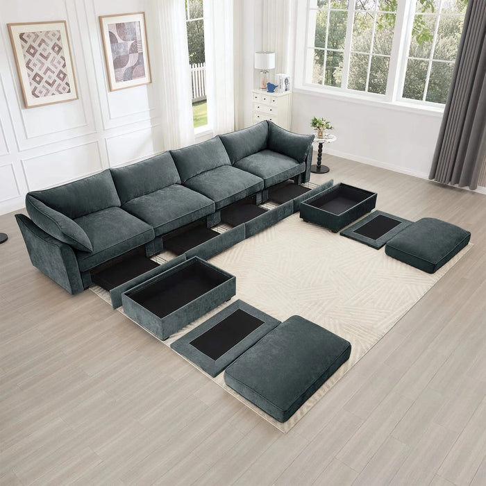 U Shape 4 Seater Deep Seat Sofa Couch with Ottomans,4-Seat Sofa with with 2 Movable Ottomans,, Oversized Modular Sectional Sofa with 6 Seats and Storage Pull out Drawer Under Each Seat,Chenille Gray -DTYStore