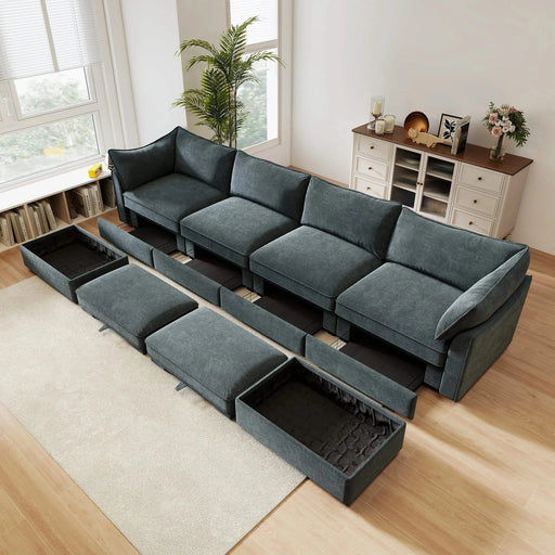 U Shape 4 Seater Deep Seat Sofa Couch with Ottomans,4-Seat Sofa with with 2 Movable Ottomans,, Oversized Modular Sectional Sofa with 6 Seats and Storage Pull out Drawer Under Each Seat,Chenille Gray -DTYStore