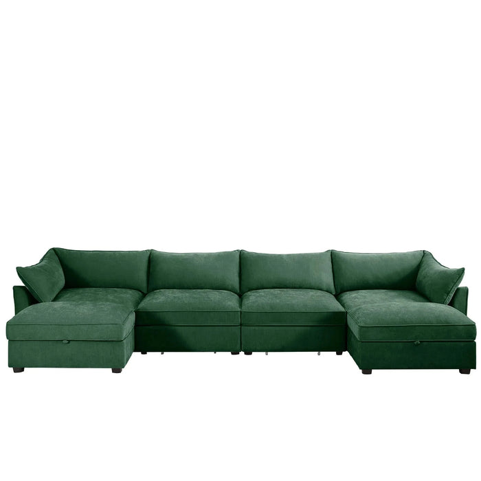 U Shape 4 Seater Deep Seat Sofa Couch with Ottomans,4-Seat Sofa with with 2 Movable Ottomans,, Oversized Modular Sectional Sofa with 6 Seats and Storage Pull out Drawer Under Each Seat,Chenille Green -DTYStore