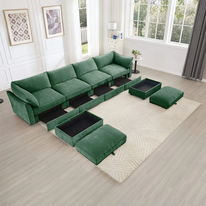 U Shape 4 Seater Deep Seat Sofa Couch with Ottomans,4-Seat Sofa with with 2 Movable Ottomans,, Oversized Modular Sectional Sofa with 6 Seats and Storage Pull out Drawer Under Each Seat,Chenille Green -DTYStore