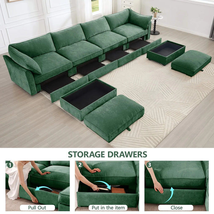 U Shape 4 Seater Deep Seat Sofa Couch with Ottomans,4-Seat Sofa with with 2 Movable Ottomans,, Oversized Modular Sectional Sofa with 6 Seats and Storage Pull out Drawer Under Each Seat,Chenille Green -DTYStore