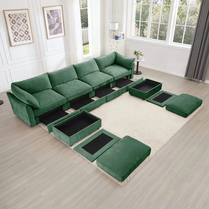 U Shape 4 Seater Deep Seat Sofa Couch with Ottomans,4-Seat Sofa with with 2 Movable Ottomans,, Oversized Modular Sectional Sofa with 6 Seats and Storage Pull out Drawer Under Each Seat,Chenille Green -DTYStore