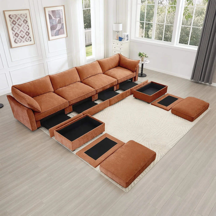 U Shape 4 Seater Deep Seat Sofa Couch with Ottomans,4-Seat Sofa with with 2 Movable Ottomans,, Oversized Modular Sectional Sofa with 6 Seats and Storage Pull out Drawer Under Each Seat,Chenille Orange -DTYStore