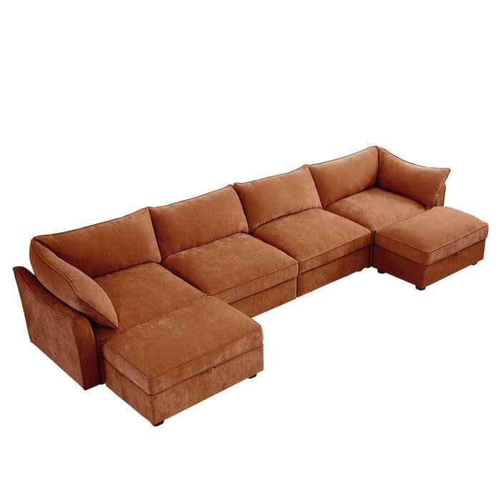 U Shape 4 Seater Deep Seat Sofa Couch with Ottomans,4-Seat Sofa with with 2 Movable Ottomans,, Oversized Modular Sectional Sofa with 6 Seats and Storage Pull out Drawer Under Each Seat,Chenille Orange -DTYStore