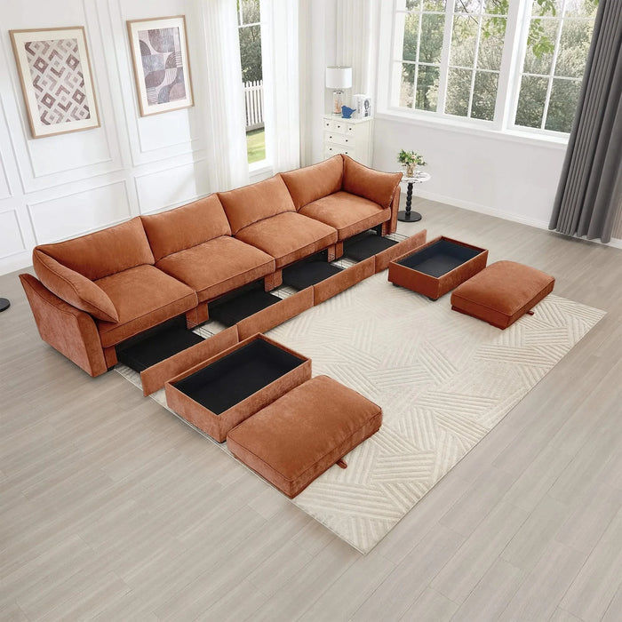 U Shape 4 Seater Deep Seat Sofa Couch with Ottomans,4-Seat Sofa with with 2 Movable Ottomans,, Oversized Modular Sectional Sofa with 6 Seats and Storage Pull out Drawer Under Each Seat,Chenille Orange -DTYStore
