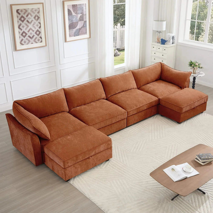 U Shape 4 Seater Deep Seat Sofa Couch with Ottomans,4-Seat Sofa with with 2 Movable Ottomans,, Oversized Modular Sectional Sofa with 6 Seats and Storage Pull out Drawer Under Each Seat,Chenille Orange -DTYStore