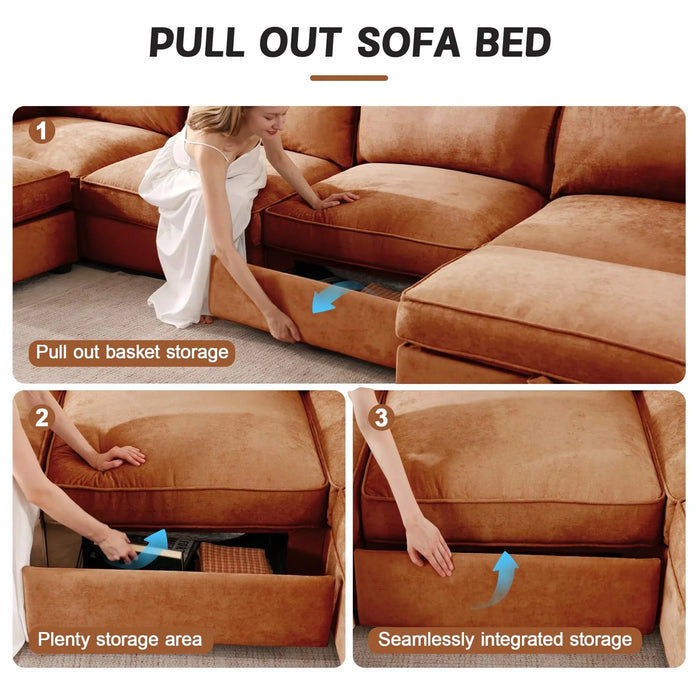 U Shape 4 Seater Deep Seat Sofa Couch with Ottomans,4-Seat Sofa with with 2 Movable Ottomans,, Oversized Modular Sectional Sofa with 6 Seats and Storage Pull out Drawer Under Each Seat,Chenille Orange -DTYStore