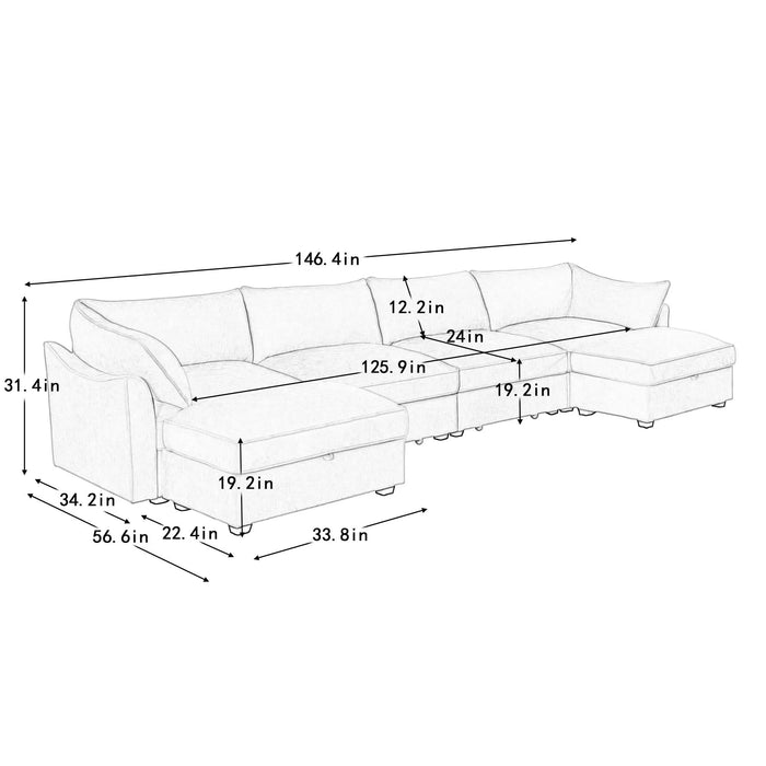 U Shape 4 Seater Deep Seat Sofa Couch with Ottomans,4-Seat Sofa with with 2 Movable Ottomans,, Oversized Modular Sectional Sofa with 6 Seats and Storage Pull out Drawer Under Each Seat,Chenille Wheat -DTYStore